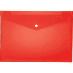 A red, transparent plastic envelope with a button closure, designed for holding documents.
