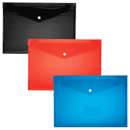A set of three plastic portfolios in black, red, and blue, featuring a secure snap button closure.