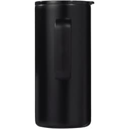 A drink bottle in matte black, featuring a handle and a lid, with a logo. Holds 500ml of liquid.