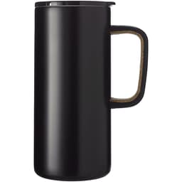 A drink bottle featuring a matte black finish, cork handle, and a lid, designed as a travel mug.