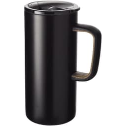 A drink bottle featuring a sleek black design with a cork accented handle and a secure lid. It has a logo.