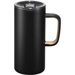 A drink bottle featuring a black exterior, cork handle, and a clear lid, designed as a travel mug. It includes a logo.
