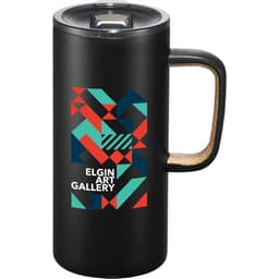 A black vacuum mug with a cork handle, featuring a geometric design and a logo. Holds 500ml.