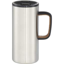A drink bottle featuring a stainless steel body, a cork handle, and a push-lid. It has a sleek, modern design.