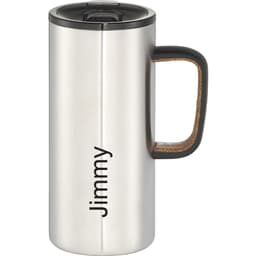 A drink bottle featuring a sleek stainless steel design with a cork handle, equipped with a black lid and branding.
