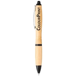 A bamboo ballpoint pen with black accents and a branding logo on the barrel.