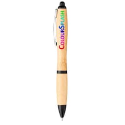 A bamboo ballpoint pen featuring a silver clip and black accents, with a multicoloured logo.