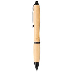 A bamboo ballpoint pen with black accents, featuring a clip and sleek design, poised upright against a plain background.