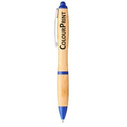 A bamboo ballpoint pen featuring blue accents and a clip, with a logo on the barrel.