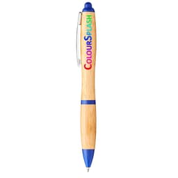 A bamboo ballpoint pen with blue accents and a logo, designed for writing.