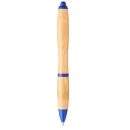 A bamboo ballpoint pen featuring blue accents and a smooth, curved design, with a logo on the side.