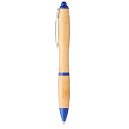 A bamboo ballpoint pen with a blue tip and accents, featuring a silver clip and branding.