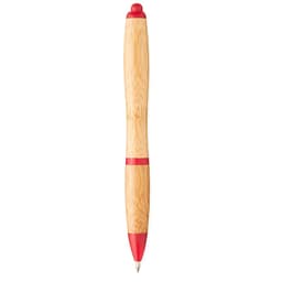 A bamboo ballpoint pen with red accents, featuring a sleek design and a branding logo on the barrel.