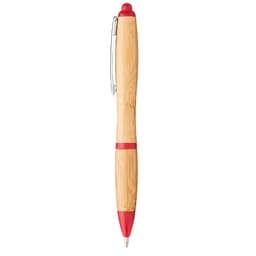 A bamboo ballpoint pen with red accents and a silver clip, featuring a logo on the barrel.