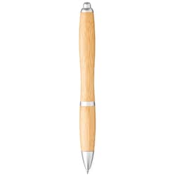 A bamboo ballpoint pen with a sleek design, featuring silver accents and a smooth writing tip.