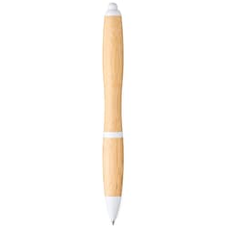 A bamboo ballpoint pen with a natural finish and white accents, featuring a branding logo.