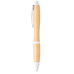 A bamboo ballpoint pen with a white clip and accents, featuring a sleek, natural wood finish.