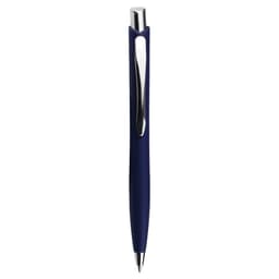 A navy ballpoint pen with a sleek design and a silver clip, featuring a logo.