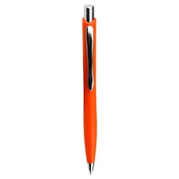 An orange click action ballpoint pen with a shiny silver clip and a smooth design.