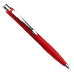 A red ballpoint pen with a silver clip and a smooth rubber grip.