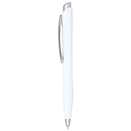 A white ballpoint pen with a silver clip, featuring a smooth click-action mechanism and a minimalist design.