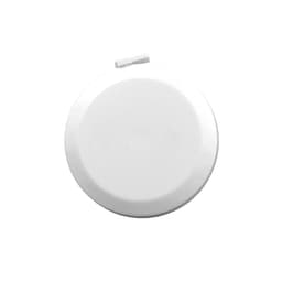 A white, round tape measure with a retractable design and a small latch on top. It has a smooth, glossy finish.