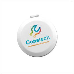 A white tape measure with a circular casing and a multi-coloured logo. Features a retractable measuring tape.