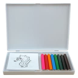 A colouring set in a white box containing colourful pencils and a sketch of a seahorse.