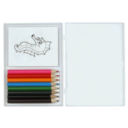 A colouring set featuring an assortment of coloured pencils in red, blue, green, yellow, black, and brown, with blank sheets.