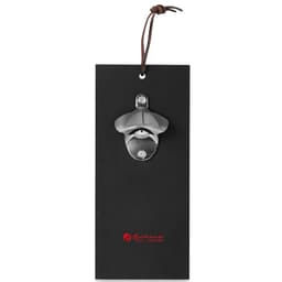 A drink bottle opener in silver metal, mounted on a black card with a hanging loop, featuring a logo.