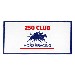 A white sports towel with blue trim featuring a horse racing graphic and a logo.