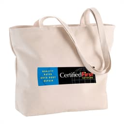 A cream zippered cotton canvas tote bag with two handles and a logo on the side.