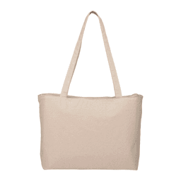 A beige zippered cotton canvas shopper tote with two shoulder straps and a simple design. Features a logo.