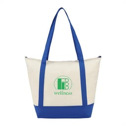 A cream and blue non-woven tote cooler bag with long handles and a logo on the front.