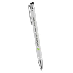 A metal ballpoint pen in white with a silver clip and a logo printed on the barrel.