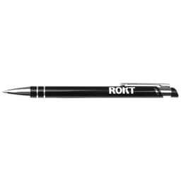 A black ballpoint pen with silver accents and a logo. The pen features a clip for easy carrying.