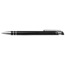 A black ballpoint pen with silver accents and a clip, featuring a sleek, modern design.