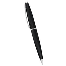 A black metal twist action pen with a silver clip and accent. It includes a branding logo.