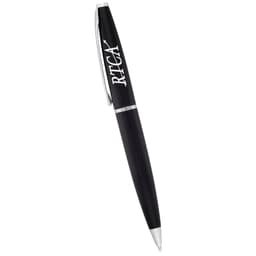A black metal twist action pen with a silver clip and branding on the barrel.