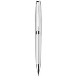 A silver mechanical pencil with a polished chrome accent and a twist action mechanism. It features a logo on the body.