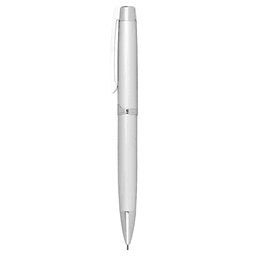 A white smooth twist action mechanical pencil with a sleek design and a silver clip. Features a logo on the barrel.