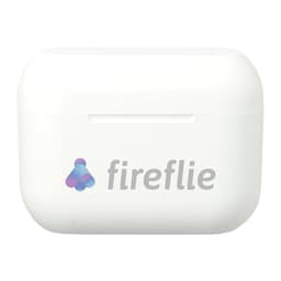 A white charging case with a logo, designed for true wireless earbuds.