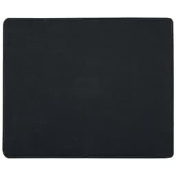 A black mouse pad with a textured surface, featuring a simple, sleek design. It has a logo in one corner.