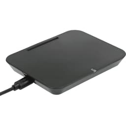 A black wireless charging phone stand with a sleek design and a USB connection.