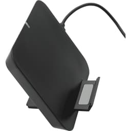 A sleek black wireless charging phone stand with an attached cable, designed for convenient charging.