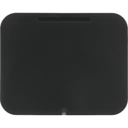 A black wireless charging phone stand with a sleek, minimalist design and a transparent base.