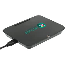 A black wireless charging phone stand with a logo and a charging cable connected.