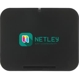 A black wireless charging phone stand with a logo on the front. It features a sleek, compact design.