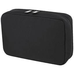 A black organiser pouch with a zip closure and a logo, featuring a rectangular shape and soft fabric.