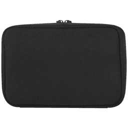 A black recycled organiser pouch with a zip closure and a simple, sleek design. It has a branding logo.